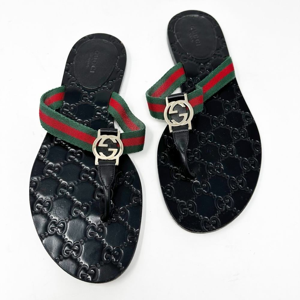 Gucci Black Sandal with Green and Red Web Strap